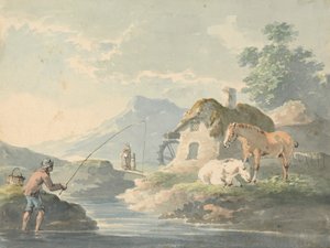 Rustik Sahne: balık tutan adam, solda; su değirmeni ve atları olan kır evi by Peter La Cave