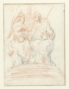 Kral ve kraliçe bir tahtta, arkalarında Fama Christ ve Mary duruyor by Peter Paul Rubens (possibly)