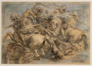 Anghiari Savaşı (kahverengi mürekkep, siyah taş, fırça, kalem, guaj ve kurşun beyazı ile vurgulanmış) by Peter Paul Rubens