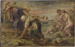 ""Deucalion ve Pyrrha"" Peinture de Pieter Paul Rubens (1577-1640) vers 1636 - Ahşap üzerine yağlıboya Dim 26,4x41,7 cm Museo del Prado, Madrid by Peter Paul Rubens