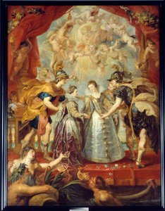 Fransa ve İspanya'nın iki prensesinin Hendaye'deki Bidassoa nehrinde değişimi, 11/9/1615 Avusturyalı Anne ve Louis XIII arasındaki, bir yanda Fransa'nın Isabella (1602-1644) ve IV. Philip arasındaki evliliğin alegorik temsili öte yandan by Peter Paul Rubens