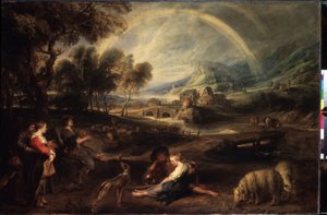 Gökkuşağı ile manzara. Peter Paul (Pierre-Paul) Rubens (veya Peter Paul veya Petrus Paulus) (1577-1640) tarafından yapılan resim. Tuval üzerine yağlı boya, 86 x 130 cm, 1630 başı. Flaman sanatı, Barok sanatı. Ermitaj Müzesi, Saint Petersburg. by Peter Paul Rubens