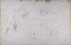 Ağaca Bağlanmış Bir Erkek Figürü ve İki Erkek Başı Çalışmaları, c.1601 (kağıt üzerine kalem ve mürekkep) by Peter Paul Rubens