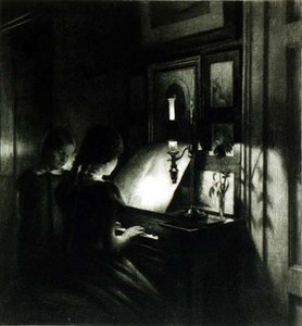 Piyanodaki kızlar (mezzotint) by Peter Vilhelm Ilsted