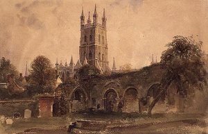 St. Catherine Kilisesi Harabeleri ile Gloucester Katedrali, 1840 dolayları (kağıt üzerine çizilmiş vurgularla suluboya) by Peter de Wint