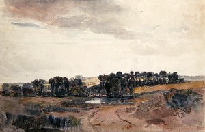 Havuz Kenarında Ağaçlar ve Sığırlarla Manzara (kağıt üzerine suluboya) by Peter de Wint