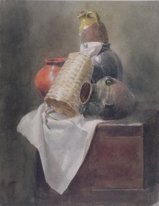 Natürmort: Sandıkta Saksılar, Sepet ve Kumaş (kağıt üzerine grafit üzerine suluboya) by Peter de Wint