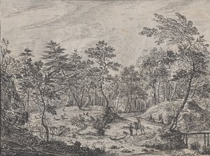 Ortada bir adamla konuşan bir binici ile orman manzarası, sağda bir yaya köprüsü, 1716. by Peter von Bemmel