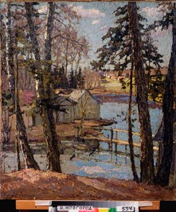 Bahar. Bir gölette. Pyotr Ivanovich Petrovichev'in (Pyotr Petrovichev) (1874-1947) tablosu, tuval üzerine yağlı boya