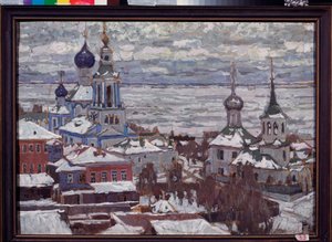 Rostov (Rusya) kışın. Pyotr Ivanovich Petrovichev (Piotr Petrovichev) (1874-1947), karton üzerine guaj ve tempera çalışması