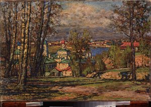 Vorobievy Gori'den (Serçe Tepeleri) Moskova'nın görünümü (Moscova'nın sağ kıyısında). Pyotr Ivanovich Petrovichev (Pyotr Petrovichev) (1874-1947) tarafından yapılan tablo, tuval üzerine yağlı boya