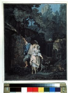 ""Elveda sabahı"" (Elveda sabahı) Sabahın erken saatlerinde bir çift ayrılır. Philibert Louis Debucourt (1755-1832) 1787 Puşkin Müzesi Moskova tarafından litografi by Philibert Louis Debucourt