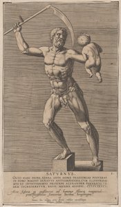 Levha 1: Satürn, bir kaide üzerinde duran, sağında bir tırpan tutan çıplak tanrının heykeli..., 1586.