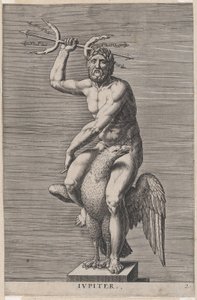 Levha 2: Jüpiter, bir kartal üzerinde oturan, çift trident tutan çıplak tanrı heykeli, fro..., 1586.