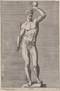 Plaka 4: Apollon, bir kaide üzerinde duran, taç giyen ve elinde bir taç tutan çıplak tanrı heykeli..., 1586.