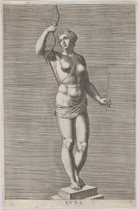 Levha 7: Diana, bir kaide üzerinde duran, hilal takan çıplak tanrıça heykeli..., 1586.
