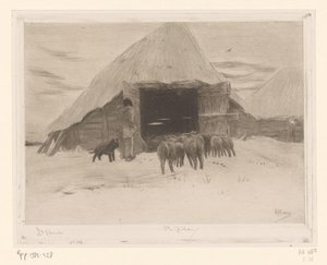 Shepherd, Grange dans la neige'de (orijinal başlık) bir koyun sürüsünü bir ahıra götürür