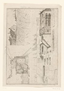 Bir şehirde evler ve evlerin iki manzarasına sahip buğday tarlası A Vleurgat; Champ de Blé / Rue Haute / Etude de la bretêche de l'Hôtel de Ravensteijn (orijinal başlık) by Philip Zilcken (signed by artist)