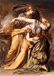 Eriphile, Jean Racine tarafından 'Aulis'te Iphigenia' için kostüm, 'Tüm Ulusların Kostümleri ve Tiyatrosu Üzerine Araştırma'nın II. cildinden Pierre Michel Alix (1762-1817) 1802 (renkli gravür) tarafından oyulmuş