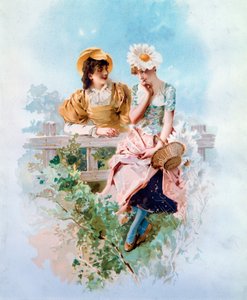Güven Sırları fısıldayan iki genç kız. Philippe Jacques Linder (1835-?) tarafından litografi 19. yüzyıl Özel Koleksiyonu by Philippe Jacques Linder