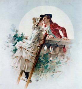 Ay ışığında öpüşen bir çifti temsil eden hassas öpücük Gallant Scene. Philippe Jacques Linder (1835-?) tarafından litografi 19. yüzyıl Özel Koleksiyonu