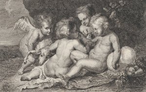 Üç çocuktan oluşan bir grup ve meyveli ve kuzulu bir putto, yakl. 1760-1801.