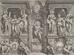 Alegorik tez baskısı, mimari bir yapıya yerleştirilmiş çeşitli figürlerle, 1608.
