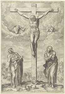 Bir manzarada Mary ve John tarafından çevrili çarmıhta İsa by Philippe de Soye