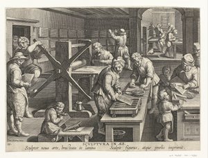 Bakır gravür üretimi aes olarak Scvlptvra (nesne üzerindeki başlık) Yeni icatlar ve keşifler (dizi başlığı) Nova Reperta (dizi başlığı) by Philips Galle (attributed to workshop of)