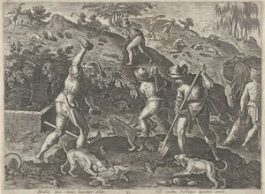 Jacht op dassen Jachttaferelen (dizi adı) Her türlü avcılık, avcılık ve balık tutmayı içerir (seri başlığı) by Philips Galle