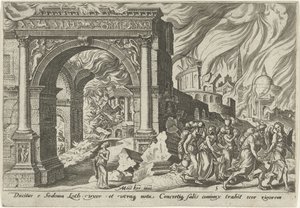 Loth ve ailesi Sodom şehrini terk eder. Yahudi Halkının Doom Günleri (dizi adı) by Philips Galle