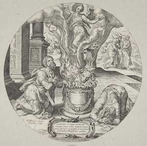 Manoah ve karısının sunağında alevler içinde yükselen melek by Philips Galle