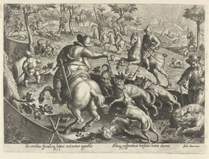 Wolvenjacht, speren ile bir araya geldi Jachttaferelen (dizi adı) Her türlü avcılık, avcılık ve balık tutmayı içerir (seri başlığı) by Philips Galle