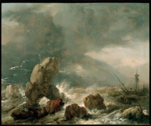 Tehlikede üç gemi ile fırtınalı denizler by Philips Wouwerman