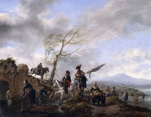 Askerlerin ve Atlarını Sulayan Standart Bir Taşıyıcının Olduğu Geniş Bir Nehir Manzarası, by Philips Wouwerman