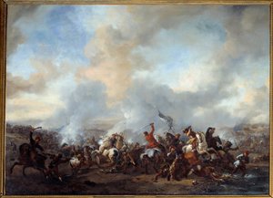 Binicilerin ve piyadelerin büyük savaşı Resim Philips Wouwerman (1619-1668) 17. yüzyıl Güneşi. 0,99x1,35 m