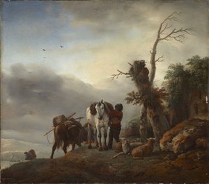 Paysage avec des chevaux de bat - Wouwerman (Wouwermans), Philips (1619-1668) tarafından Packhorses ile Manzara. Ahşap üzerine yağlı boya, c. 1647-1648. Ebat : 36,3x41,2 cm. Muzeul Ulusal Brukenthal, Sibiu