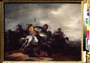 Bir savaş. Philips Wouwerman'ın (1619-1668) tablosu. Ahşap üzeri yağlı boya, 31 x 41 cm. Flaman sanatı, Barok sanatı. Bölgesel Sanat Müzesi, Uzhgorod (Ukrayna).