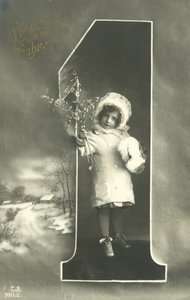 Kürk başlıklı küçük bir kızla yılbaşı kartı (s/b fotoğraf) by Photographer German