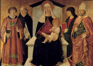 Bakire ve Çocuk Bakire, Saint Laurent deacon, Saint Peter, Saint John, Saint Blaise de Sebaste ile çevrilidir. Altarpiece, Pier Francesco Fiorentino (1475-1500 civarında aktif) 1490. Güneş. 132x143 m. Avignon, Musée du Petro Palais