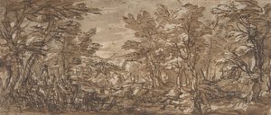 Orman Manzarası, Solda Durma, Merkezde Avlanma, 1612-66. by Pier Francesco Mola