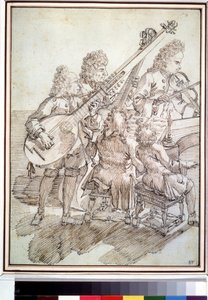 ""Konser"" Beş müzisyenin (beşli) ud, keman, piyano, çello üzerindeki konserini temsil eden karikatür. Pier Leone Ghezzi (1674-1755) tarafından kalem ve mürekkep çizimi 18. yüzyıl Puşkin Müzesi, Moskova