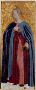 Misericorde Poliptiği: Misericorde Bakiresi, etrafı azizlerle çevrilidir. Müjde Bakiresini tasvir eden detay. Ahşap üzerine resim Piero della Francesca (1415/20-1492) 1445-1460 Dim. 54x21 cm Sansepolcro, Pinacoteca Comunale by Piero della Francesca