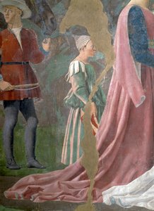 Gerçek Haç Efsanesi, Haç Ağacına Tapan Sheba Kraliçesi, bir görevli detayı, 1464 fresk tamamlandı by Piero della Francesca