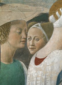 Gerçek Haç Efsanesi, Haç Ağacına Tapan Sheba Kraliçesi, iki görevli detayı, 1464 fresk tamamlandı by Piero della Francesca