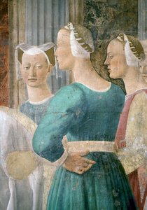 Gerçek Haç Efsanesi, Haç Ağacına Tapan Sheba Kraliçesi, üç kadın görevlinin detayı, 1464 fresk tamamlandı by Piero della Francesca