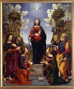 Azizler ile çevrili kusursuz gebelik, c.1500-05 (ahşap üzerinde tempera grassa) by Piero di Cosimo