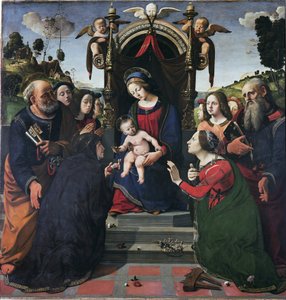 Azizlerle çevrili tahtta Bakire ve Çocuk (panelde yağ ve mizaç, yaklaşık 1493) by Piero di Cosimo