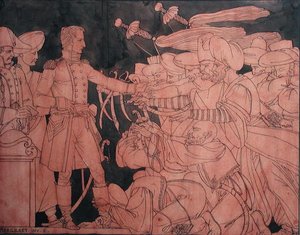 Napolyon I (1769-1821), Mısır Seferi sırasında Mısırlı liderlerin teslimiyetini alırken, bir vazo için hazırlık tasarımı (kağıt üzerinde guaj)