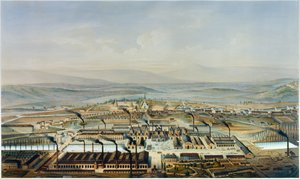 Creusot ve Chateau de la Verrerie atölyelerinin görünümü, Pierre Tremaux (1818-1895) tarafından suluboya sonrası litografi by Pierre (after) Tremaux